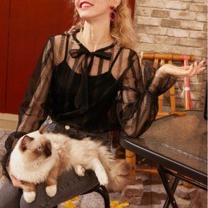 Black Tie Neck See-Through Blouse